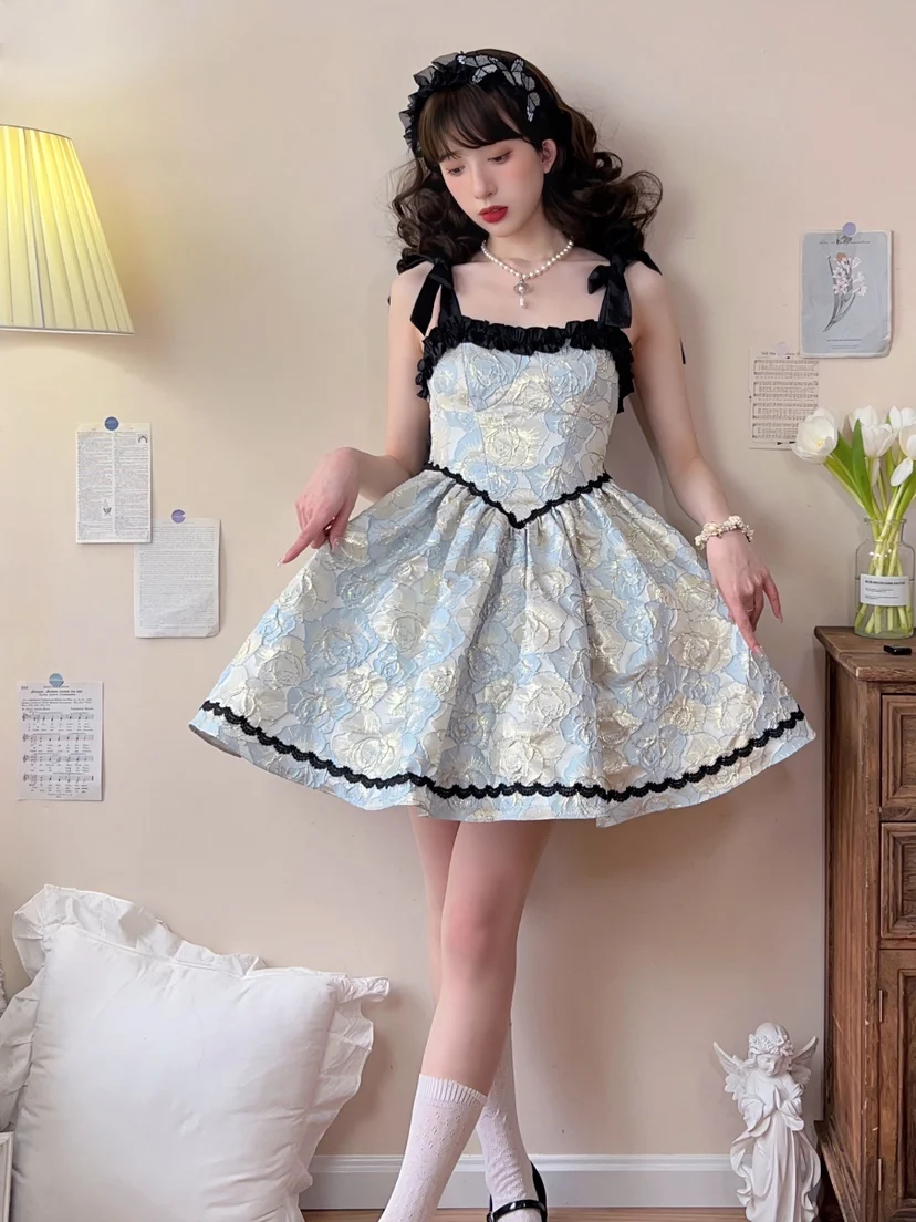 Sweet Lolita Victorian Jsk Dress Girls Vintage Elegance Rose Jacquard Sex Bow Backless Princess Party Dresses Japanese Fashion