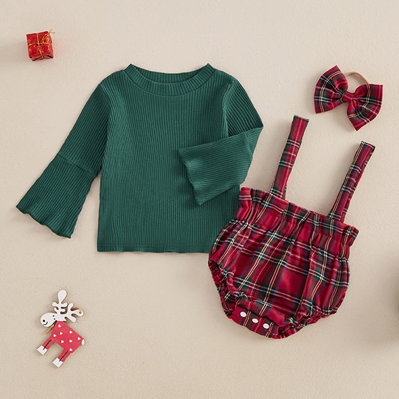 2024-08-20 Lioraitiin Baby Girl Christmas Outfit Long Sleeve Mock Neck Ribbed Tops Plaid Ruffle Trim Overalls Romper 2PCS Set