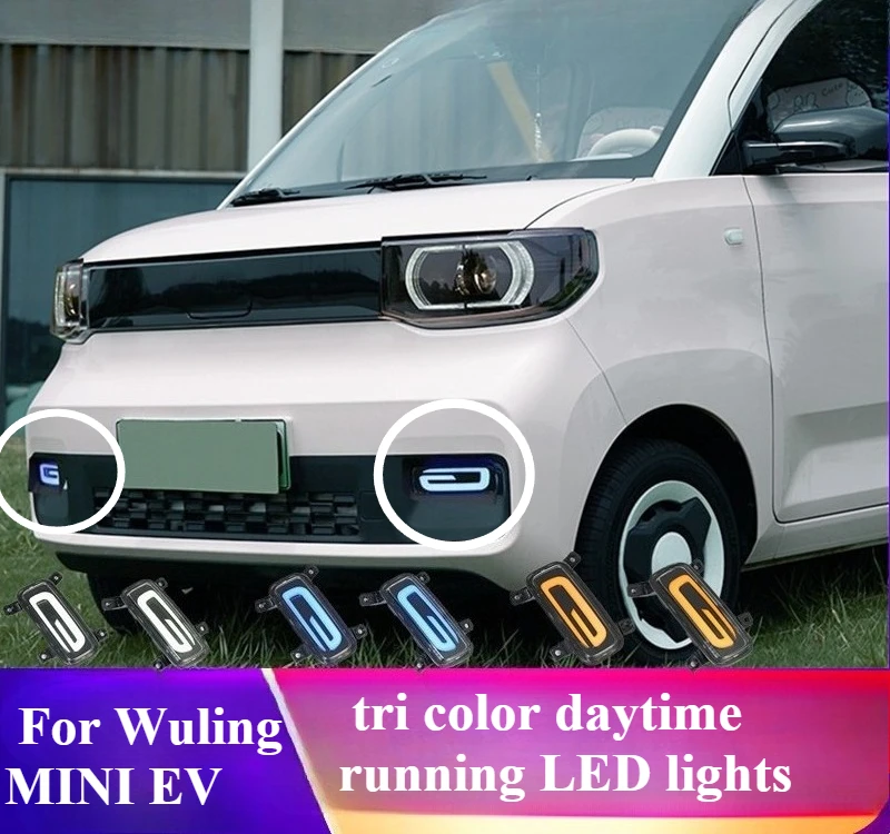For Wuling MINI EV tri color daytime running LED front fog lights flow lights turn signals durable exterior accessories