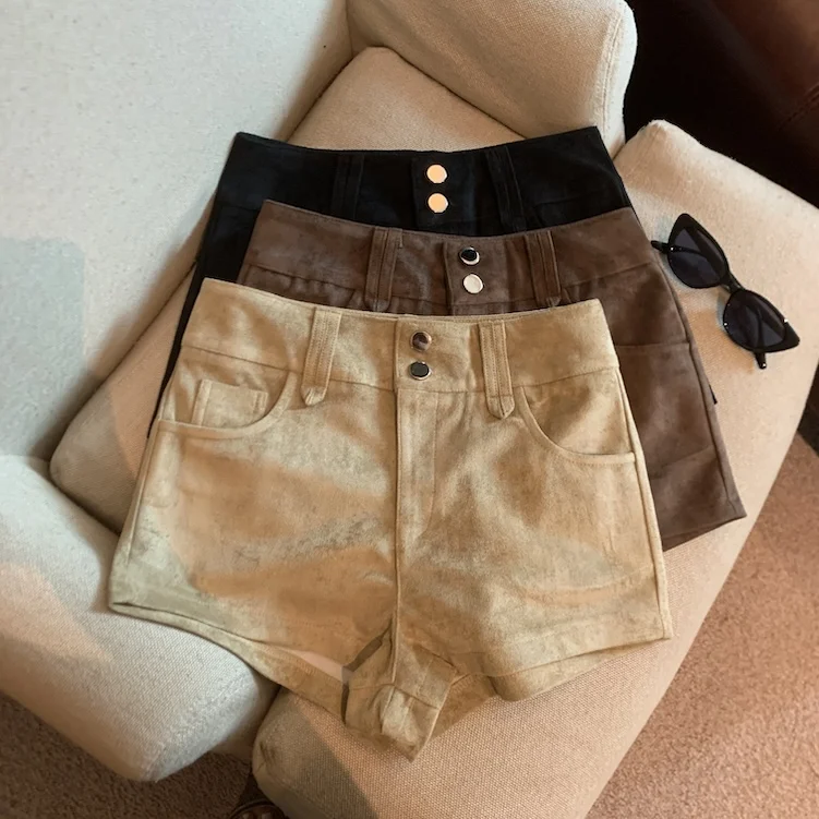 

Женские осенне-зимние узкие шорты с высокой талией и двумя пуговицами, женские уличные однотонные короткие брюки