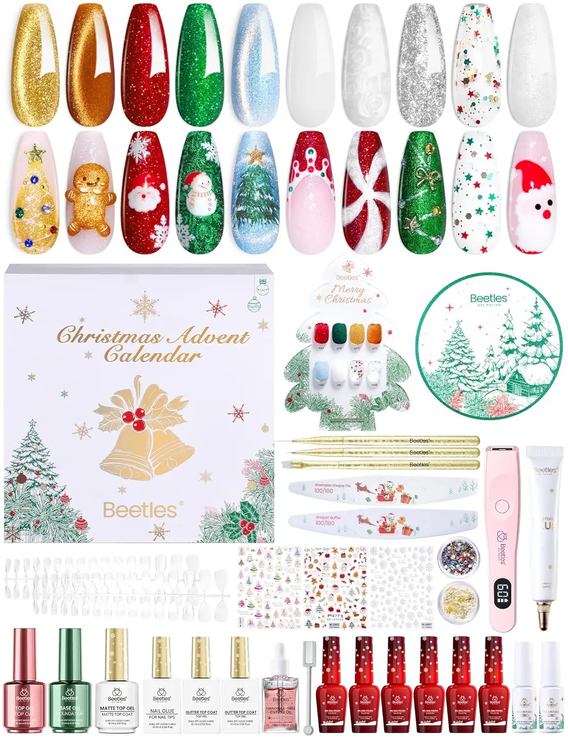 

Merry Glitzmas 2025 Nail Art Set with Mini LED Lamp, Base Top Coat & Holiday Gifts for Women Girls