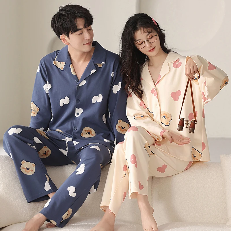 

Couple Pajamas Set Spring And Autumn 100% Cotton Pyjamas M-3XL Long Sleeve Sleepwear Women Men Cute Cartoon Pijama