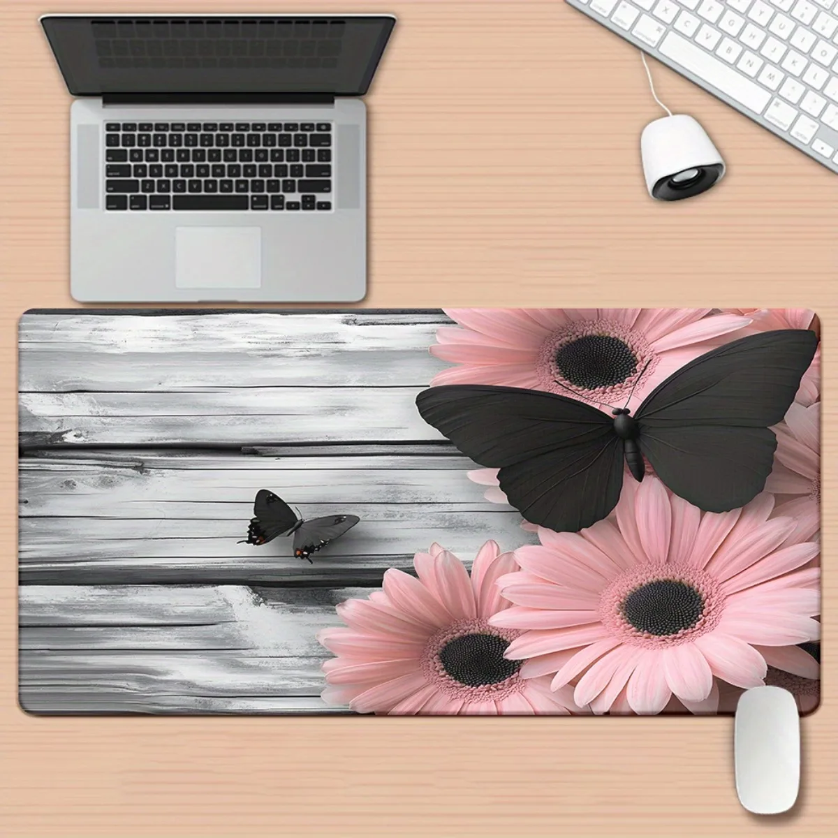 Stylish Wood Pink Daisy Butterfly Mouse Pad Non-Slip Rubber Base Modern Office Gaming Desktop Accessory