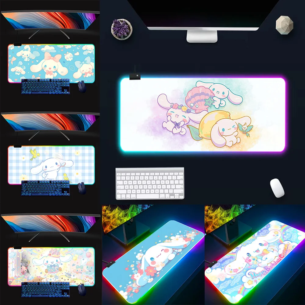 Cinnamoroll RGB Pc Gamer Keyboard Mouse Pad Mousepad LED Glowing Mouse Mats Rubber Gaming Computer Mausepad