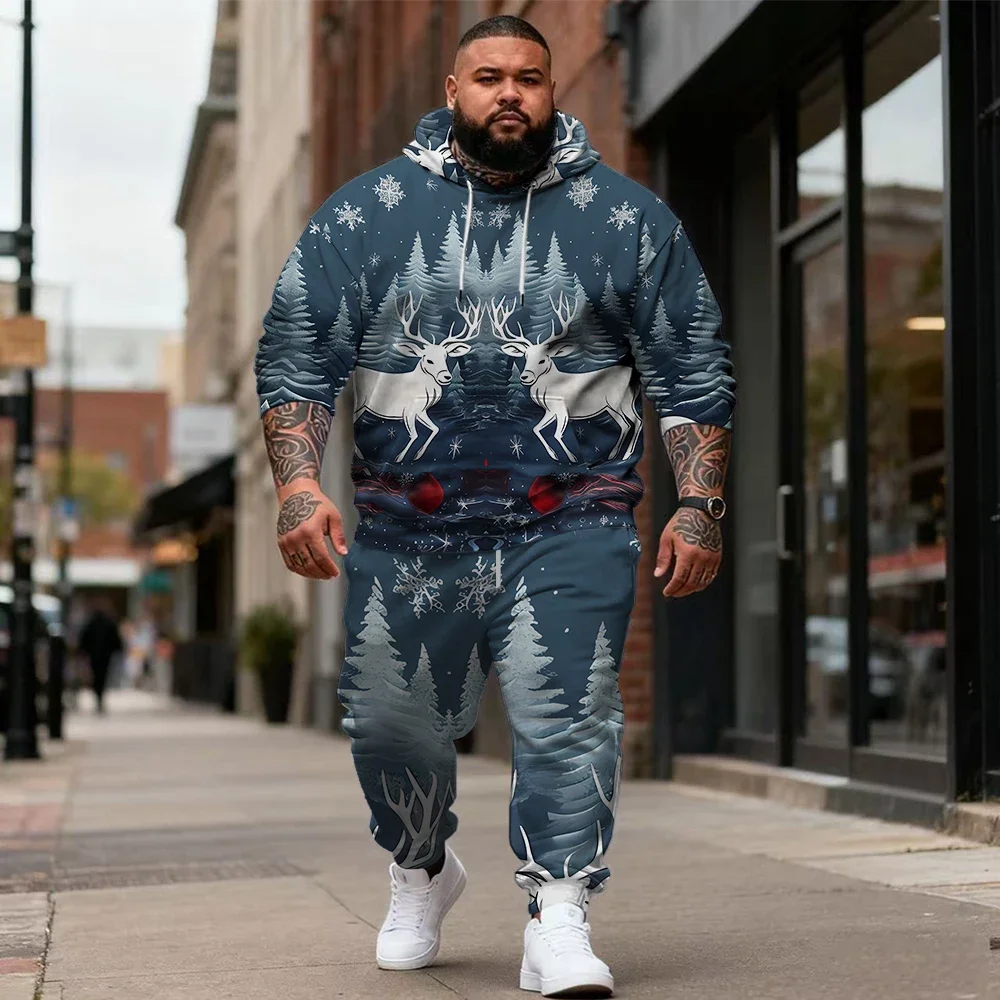 Men's Plus Size Hoodie and Jogger Pants Set, Christmas Woodland Prints with Tree or Deer Designs for Winter Gatherings S-9XL