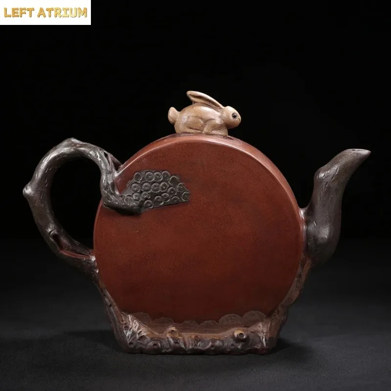 Old Chinese Handcraft Enameled  YiXing Zi Sha Clay  (red stoneware) Teapot,Colored Four-Sided Hollow Lotus Fish