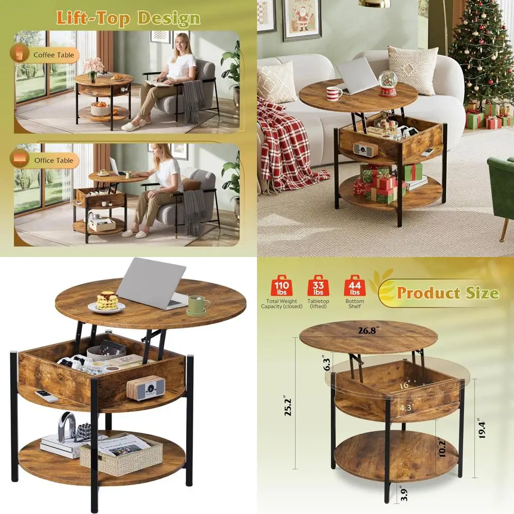 طاولة قهوة قابلة للرفع على طراز المزرعة مع مساحة تخزين ودرج مخفي، لون بني من طبقتين لغرفة المعيشة والمكتب المنزلي #1