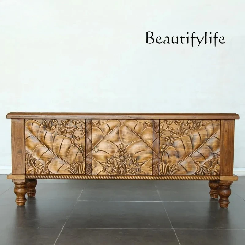 Muebles de estilo de Asia del Sur, armario tallado, mueble de suelo, dormitorio elevado, almacenamiento de mueble de TV de olmo antiguo tailandés