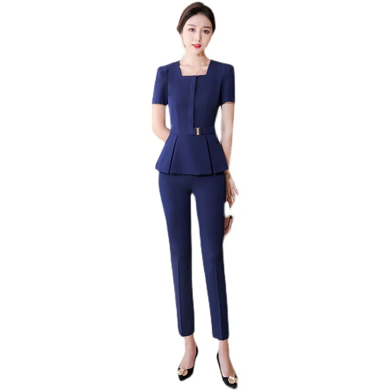 Estate manica corta elegante blu formale professionale donna abiti da lavoro OL stili signore ufficio pantaloni blazer pantaloni Set