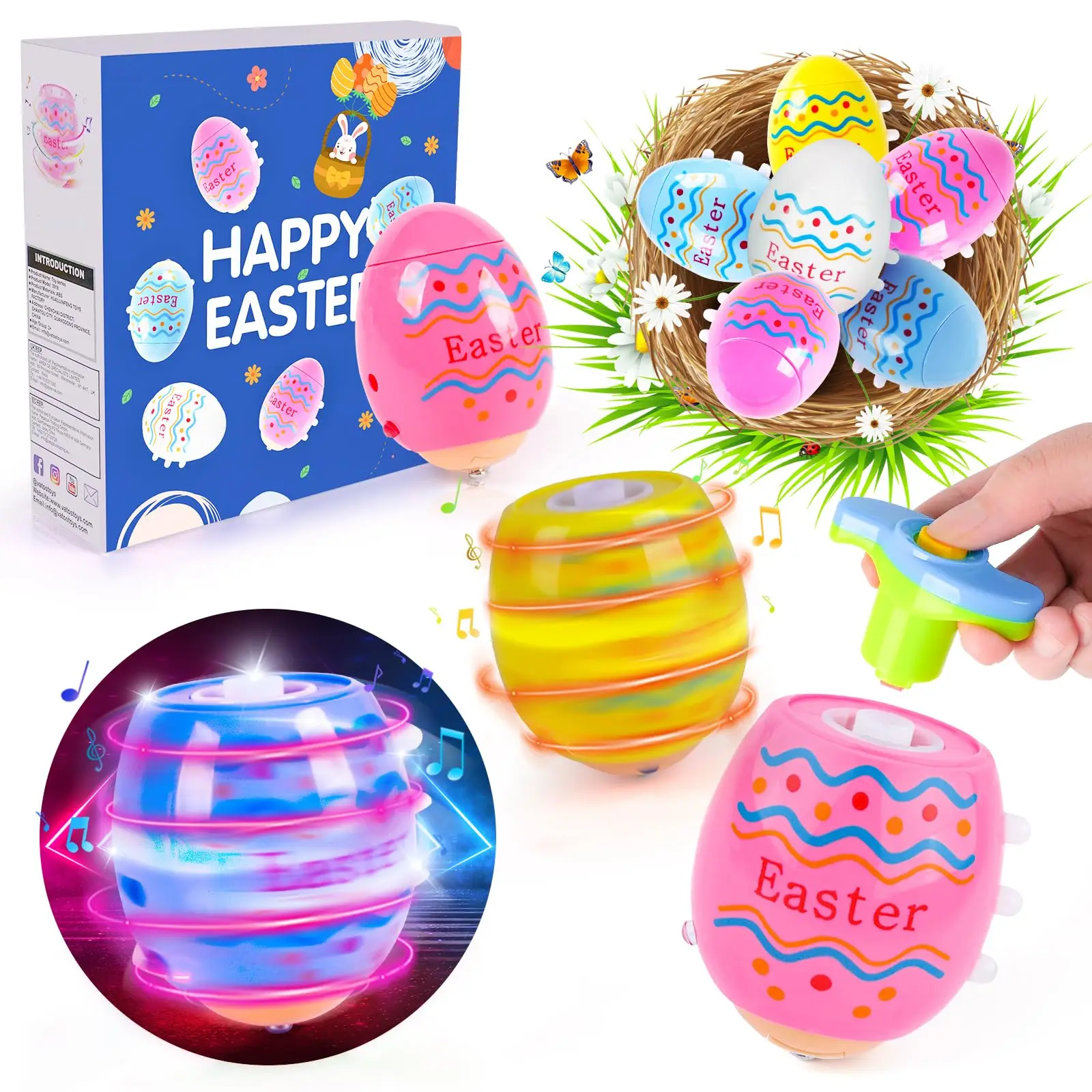 2024 TERRAMUS Easter Eggs Toys-6Pack Spinning Tops LED&Singing Party Favors  Basket Stuffers Plastic Easter Gifts for Kids3+