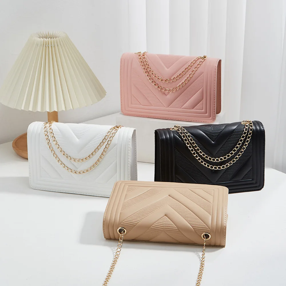 

Women's Pu Leather Crossbody Bags V-Shape Embossing Adjustable Shoulder Straps Shopper Clutch Purses Casual Chain Square Bag