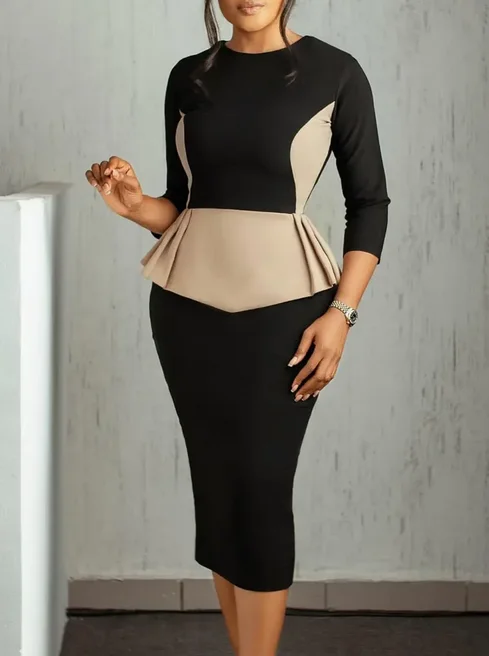 レディースプラスサイズエレガントVネック長袖Aラインワンピース