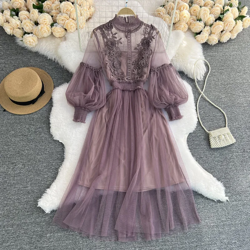 

New Dress Women French Lace Flower Dress Gauze Lantern Sleeve Voile Long Dress Female Retro Hook Princess Dress 2 Piece Set