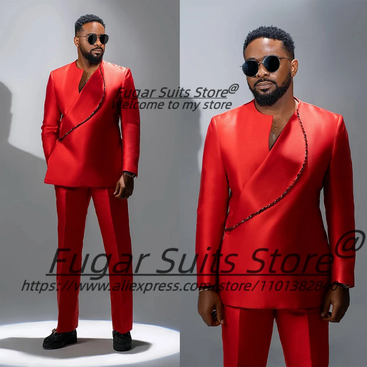 

High-end Red Satin Prom Men Suits Elegant Slim Fit Groom Wedding Tuxedos 2 Pieces Sets Male Prom Blazers Formal Costume Homme