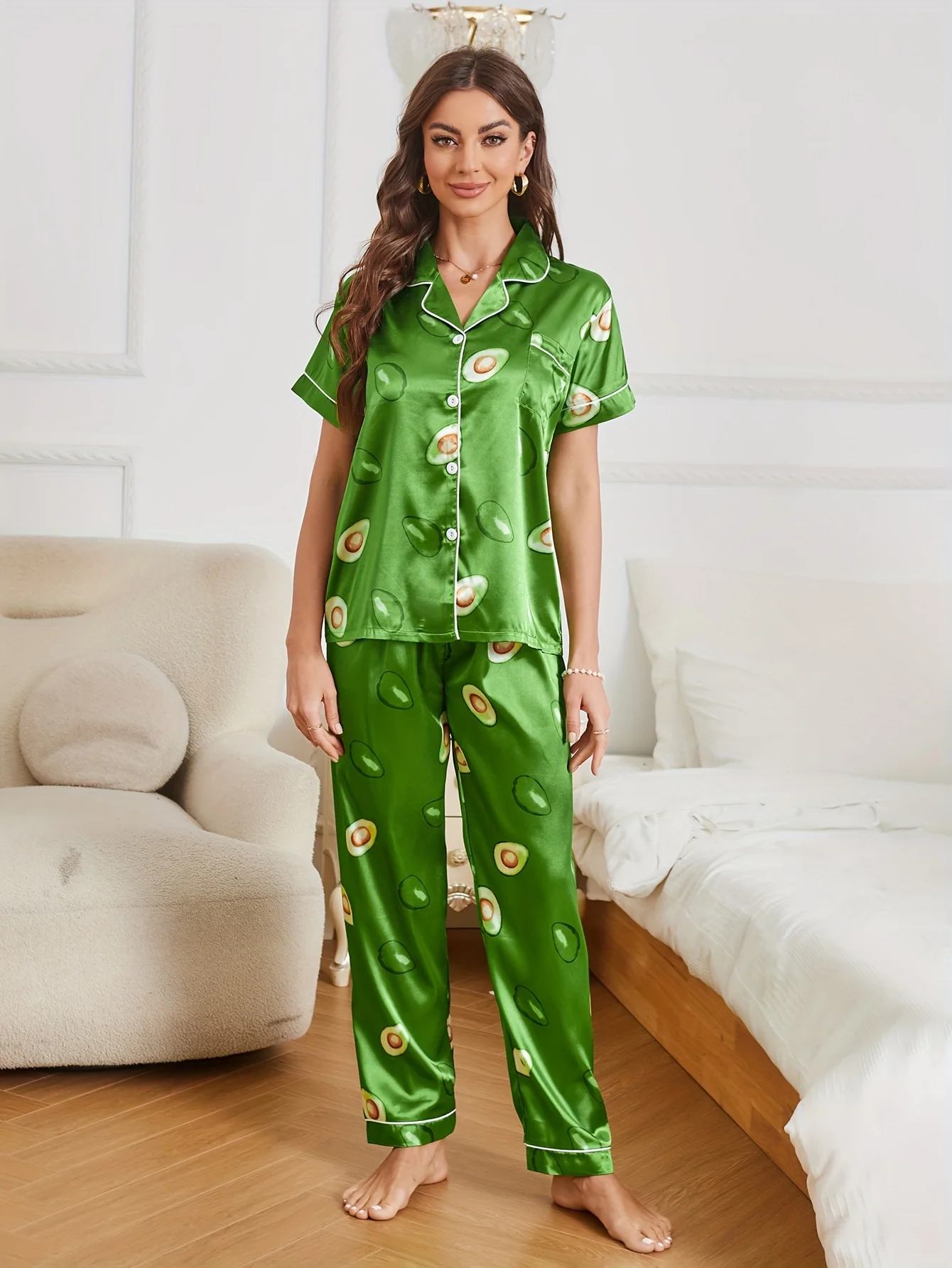 Allover Avocado Print Satin Pajama Set, Casual Short Sleeve Buttons Lapel Top & Elastic Pants, Women's Sleepwear