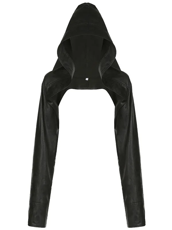 Losse, onregelmatige leren jas met capuchon, oversized jas voor jonge dames, korte lengte, lange mouwen, Chinees gemaakt