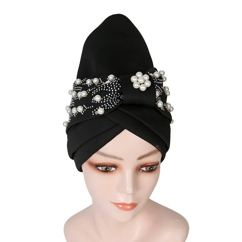 

Pearls Beading African Turban Cap Auto Gele Headtie Nigerian Wedding Geles Female Head Wraps Muslim Headscarf Hijab Bonnet