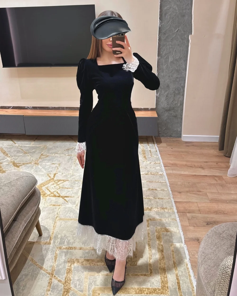 Customized Simple Pastrol Velour Lace Pleat A-line Square Neck Midi Dresses Bespoke Occasion Dresses High Quality Classic Retro