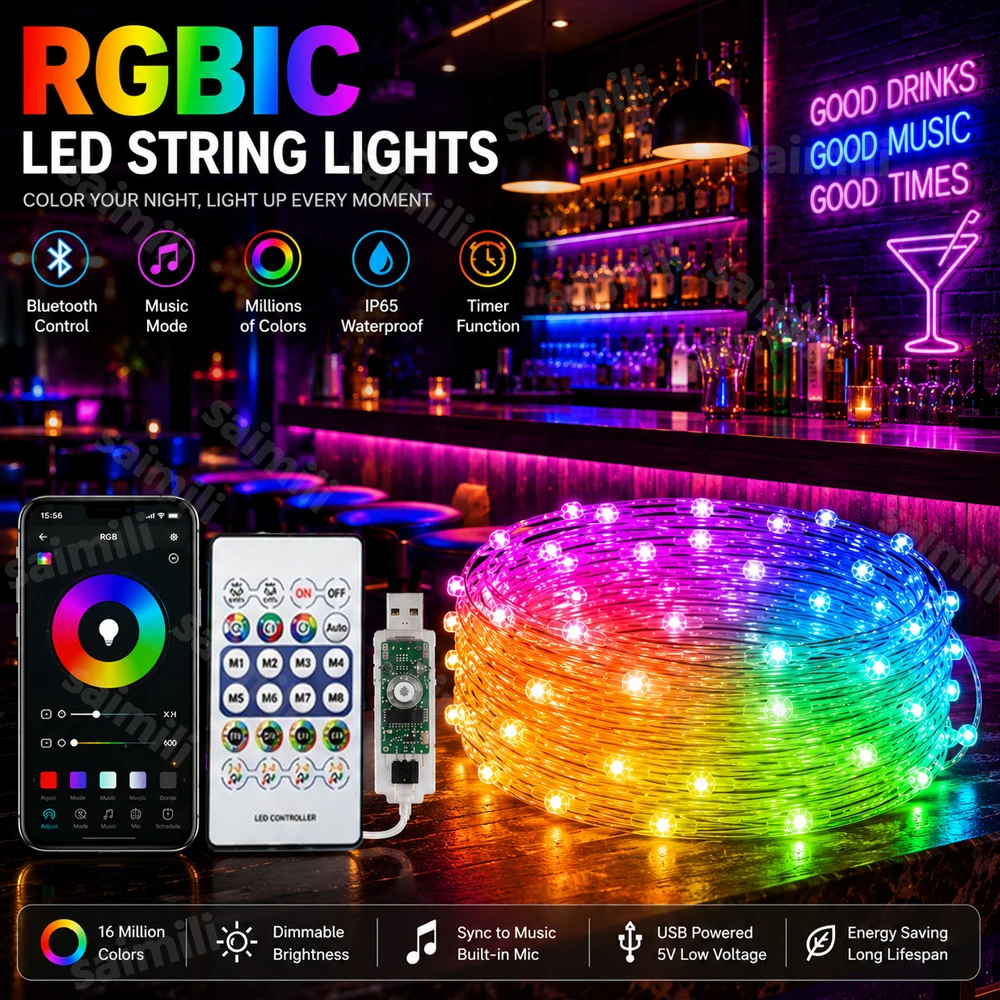 USB 5V RGBIC Fairy String Lights WS2812B Addressable Music Sync Bluetooth APP For Christmas Home Party DIY Atmosphere Decor