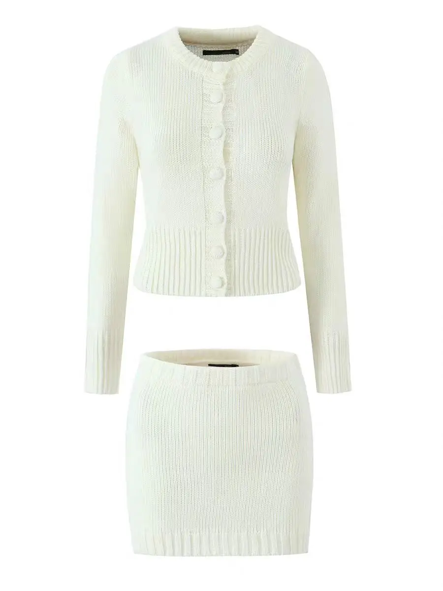 

2 шт., 1 комплект, однобортный вязаный кардиган с круглым вырезом и пуговицами, укороченный свитер, эластичная заниженная талия, дополнительная мини-юбка, костюмы, бежевый, серый