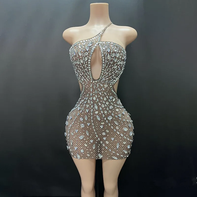 Klaar Jurk Vrouwen Sexy Sensuele Avondjurken Kristal Glitter Een Schouder Backless Elastische Bodycon Mini Mesh Jurk Club
