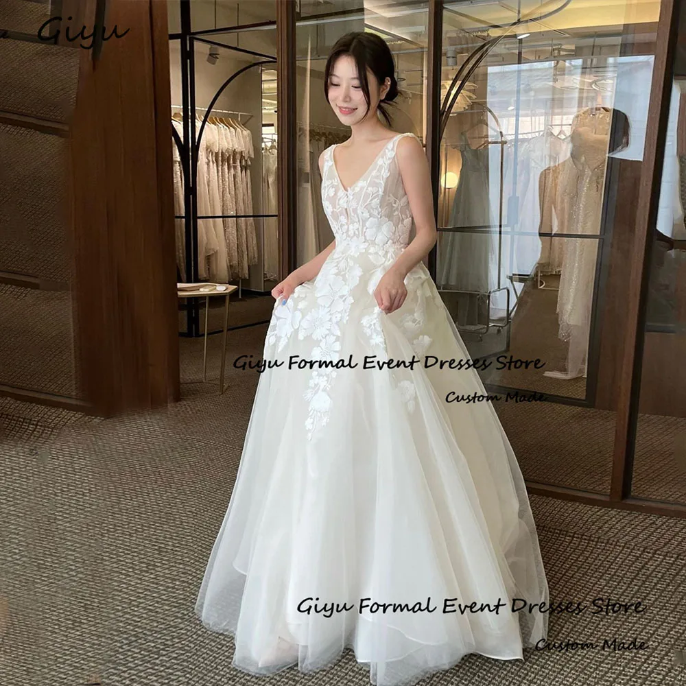 Giyu Fairy A-line Handmade Flowers Korea Wedding Dress Photo Shoot V-Neck Sleeveless Bridal Gown Vestidos De Novias 2024