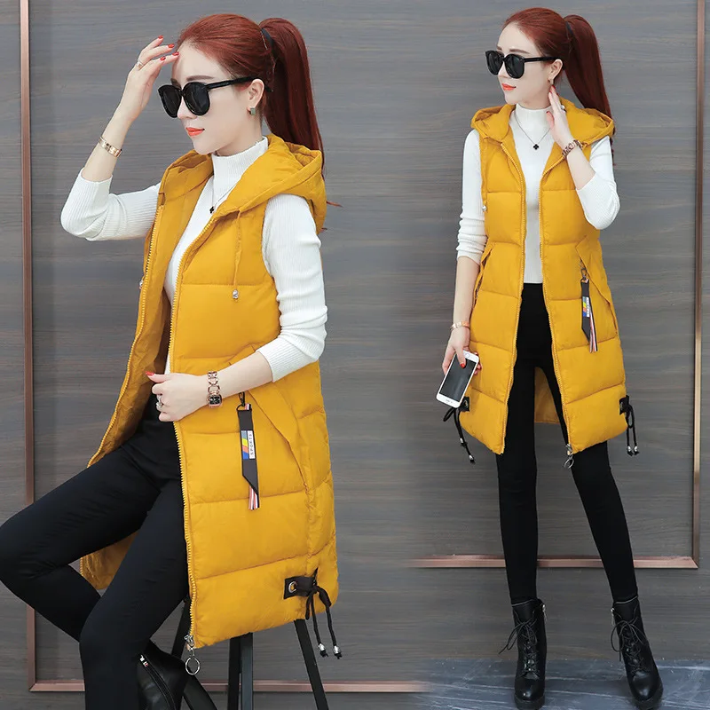 

Fashion Women's Hooded Padded Jacket Mid-length Vest Autumn Winter Cold Coat Warmth Sleeveless Cardigan Slim Fit Korean Jacket