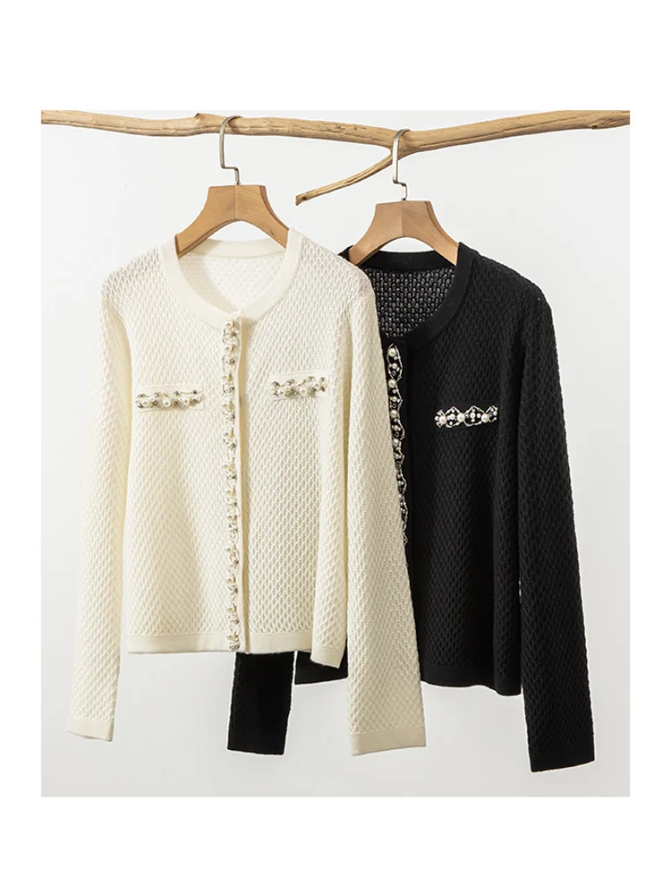 SuyaDream, Cardigans For Woman, 32.4%Wool, Beading Round Collar, Solid Black  Sweaters, 2024 Fall Winter Jackets, White