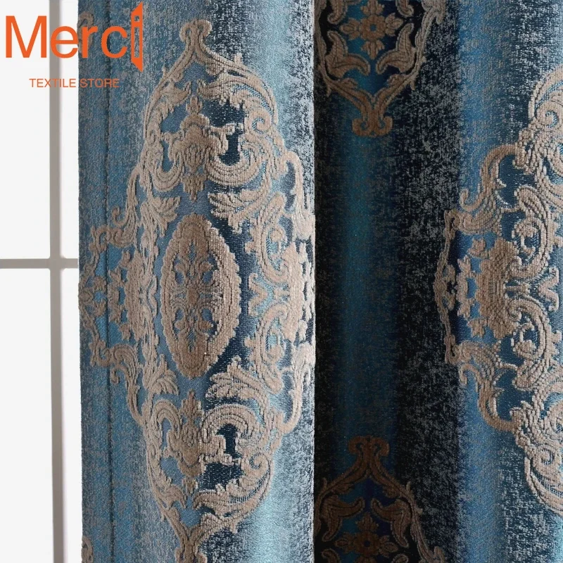 New Curtains for Living Dining Room Bedroom Custom European Luxury Light Luxury Chenille Jacquard Window Curtain Room Decor Blue