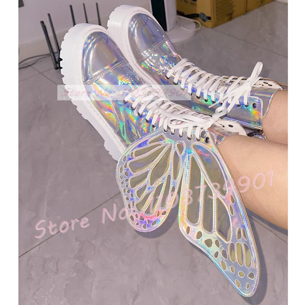 Laser Illusion Silver Butterfly Wings Ankle Boots Women Side Zipper Super Beautiful Ladies Punk Party Thick Sole Glitter Shoes