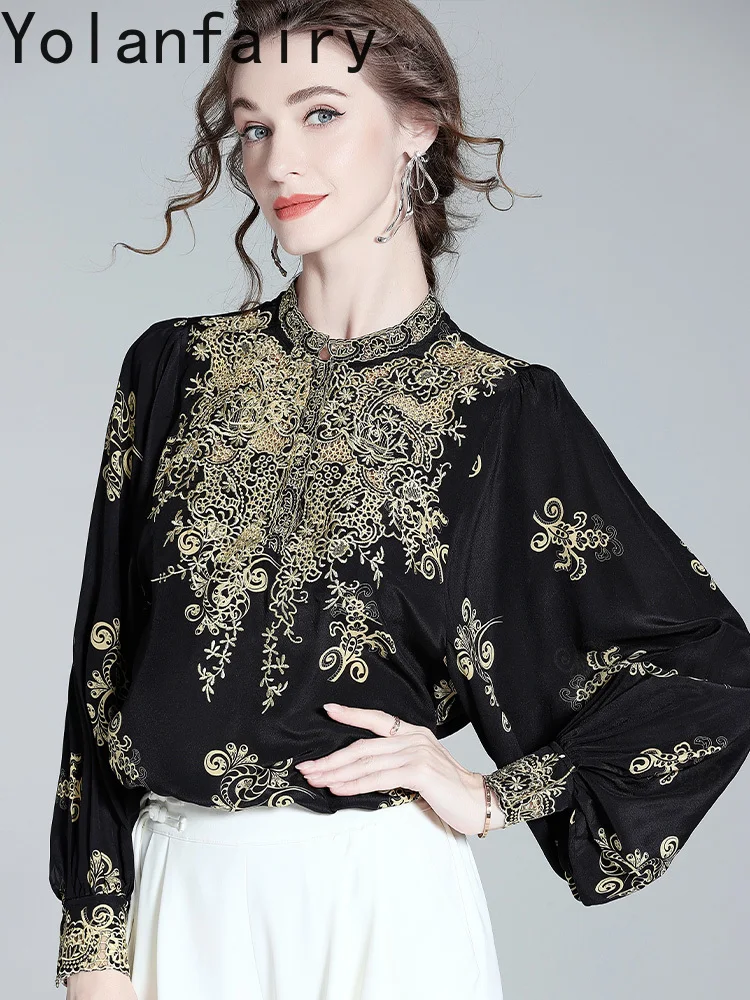 Yolanfairy high-end 100% genuíno seda amoreira camisa feminina bordado camisas de manga longa mulher vintage topos blusas estilo tribunal