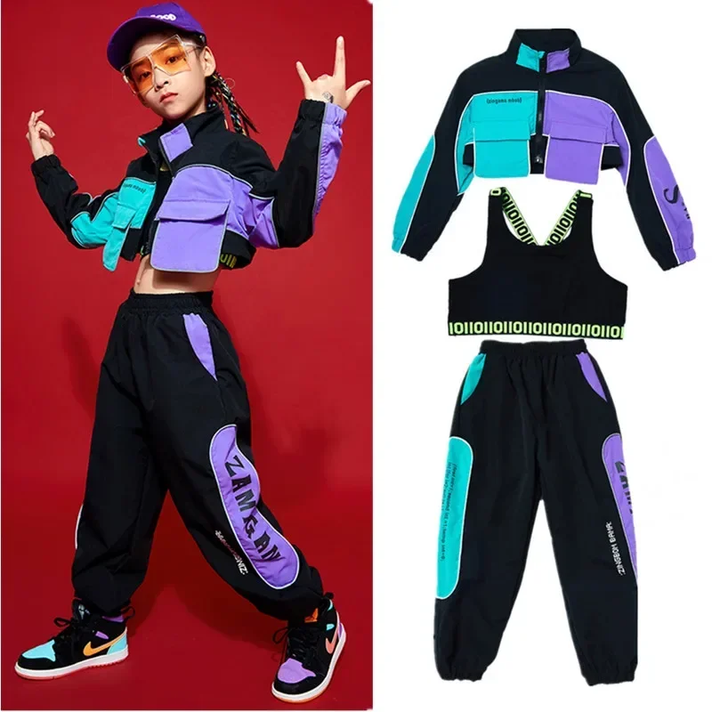 New Children Hip Hop Clothes Girls Jazz Street Dance Costume Kids Sweatshirt Pants Set Ballroom Dancewear Stage Rave Clothing