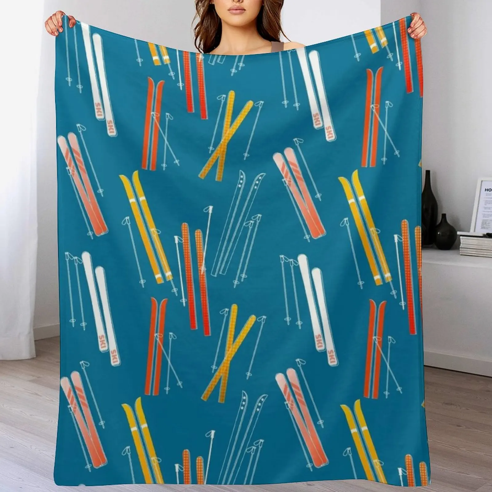 

Colorful, Retro Skis pattern on dark blue Throw Blanket Sofa Throw Summer Plaid on the sofa Blankets