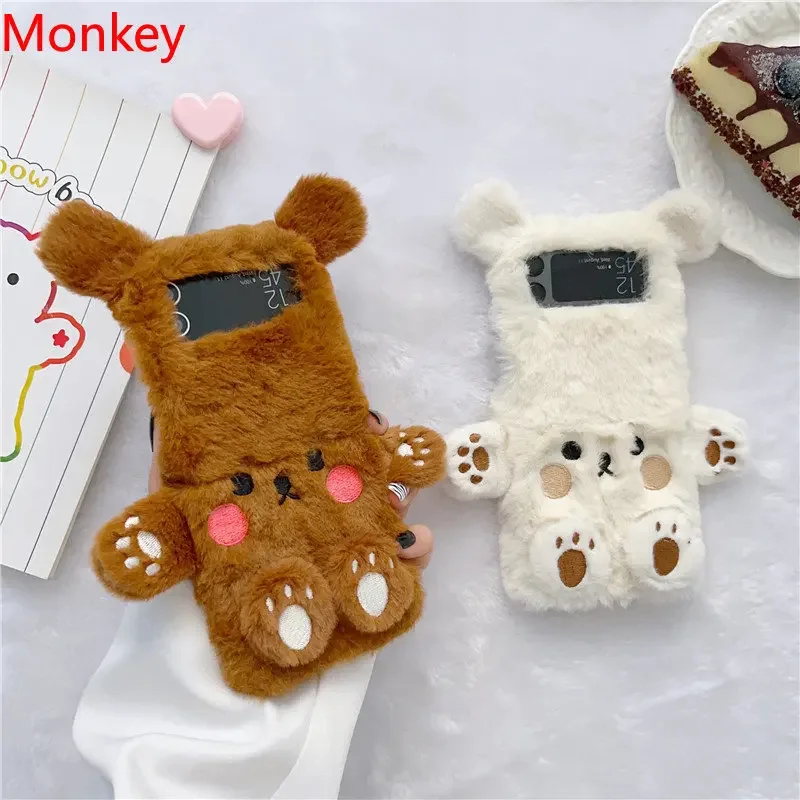 Cute Brown Bear Fur Phone Cases For For Samsung Galaxy Z Flip 1 2 3 4 5 6 5G Case Zflip5 Autumn And Winter Shockproof Case Cover