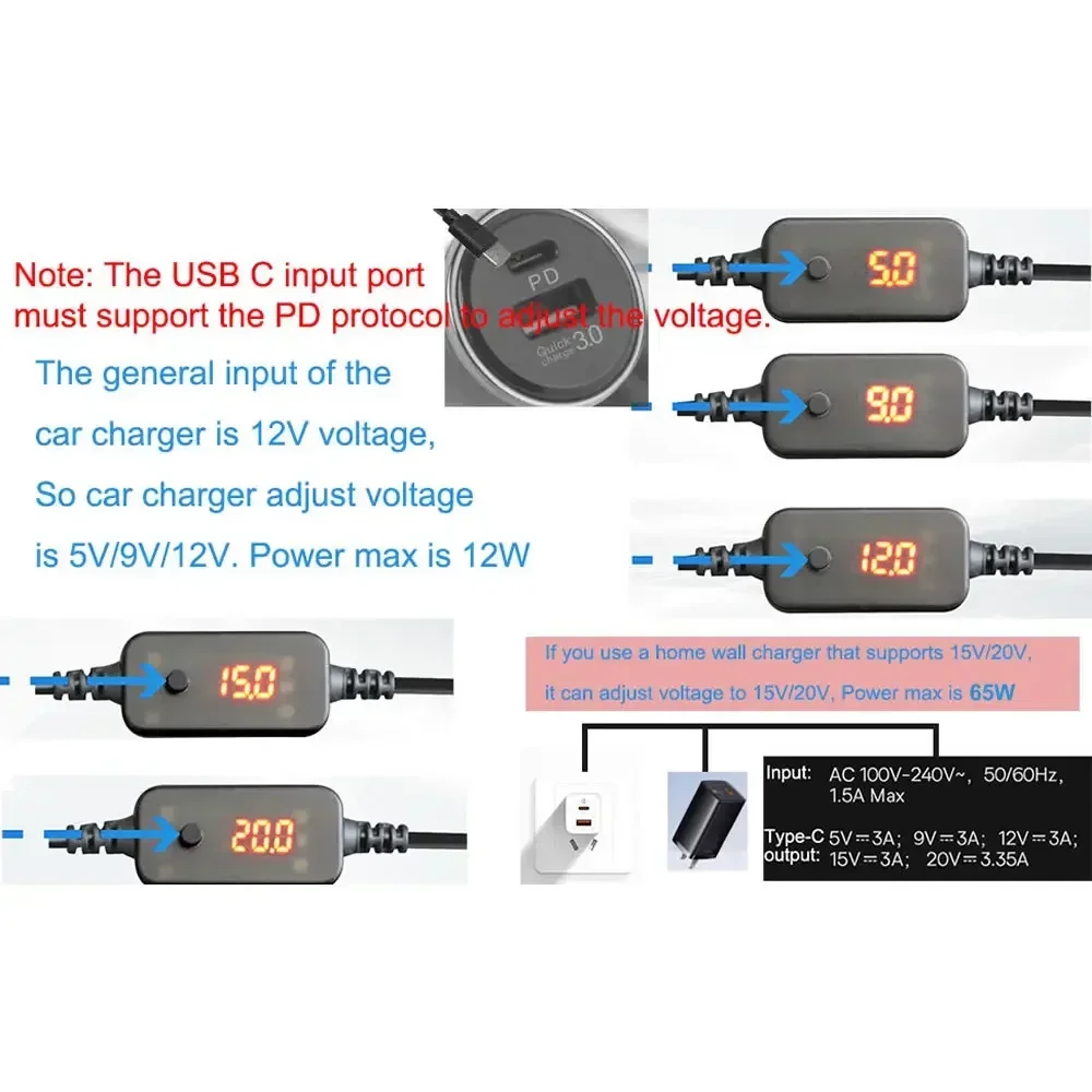 Type C to DC5.5x2.1mm Power Adapter Cord 5-20V Adjustable Voltage PD Fast Charging Cable for Lenovo Asus Hp Acer Laptop and More