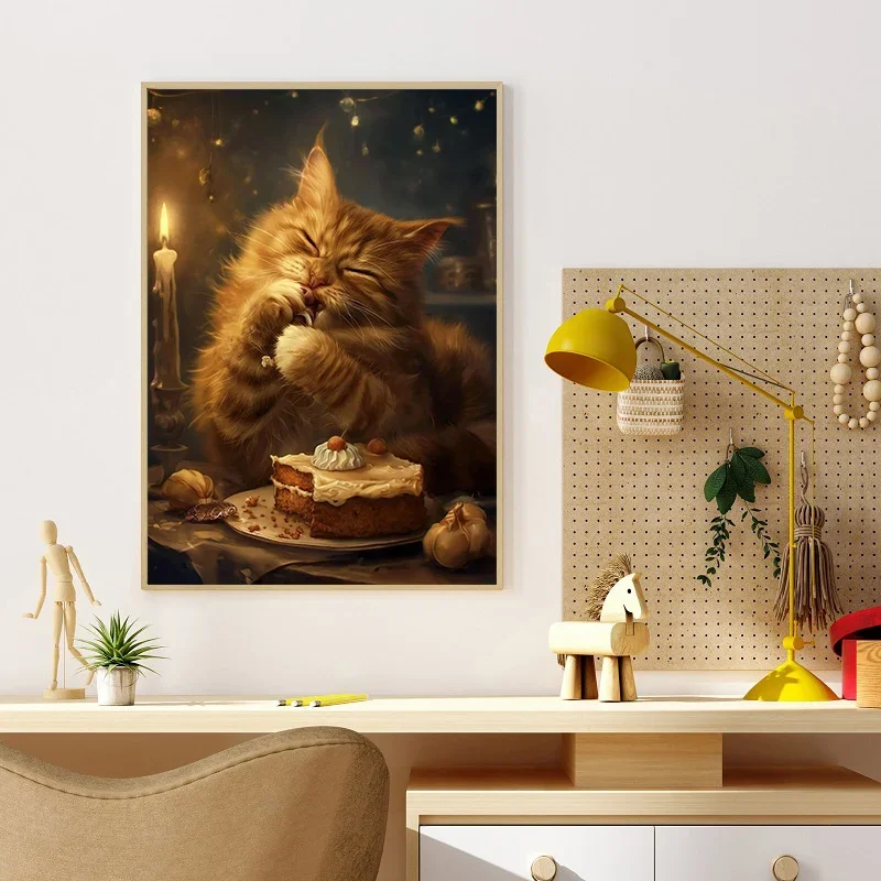Funny Orange Cat Drink Beer Reading Play Chess Play Card Poster Cats Eat Ramen Canvas Painting Kitchen Room Home Decor Gift