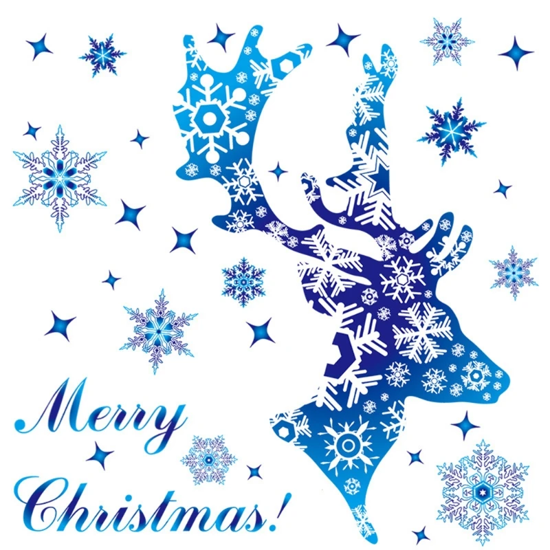 1 Sheet Christmas Blue Deer Snowflake Window Clings Stickers Reindeer Star Pattern Glass Door Decals for Xmas Holiday Dropship