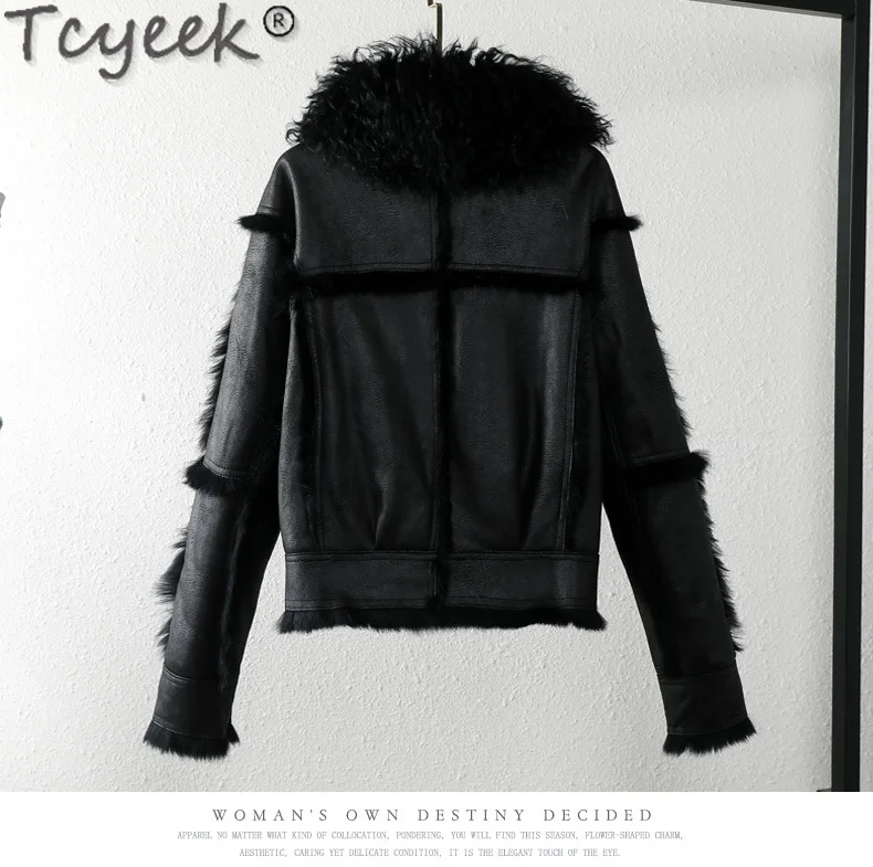 Tcyeek-Chaquetas de piel de conejo Real para mujer, abrigo de invierno, chaqueta de motocicleta coreana, abrigo de piel Real, Cuello de piel de lana cálida, nuevo, 2023