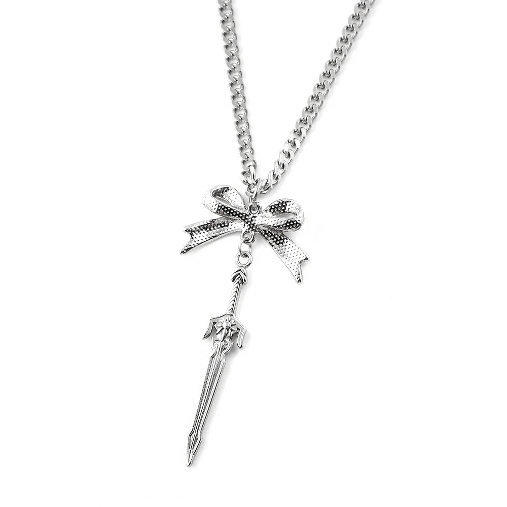 Stainless Steel Bow Knot Razor Blade Sword Pendant Necklace for Men Women Silver Color Punk Y2K Grunge Chain Necklaces Jewelry