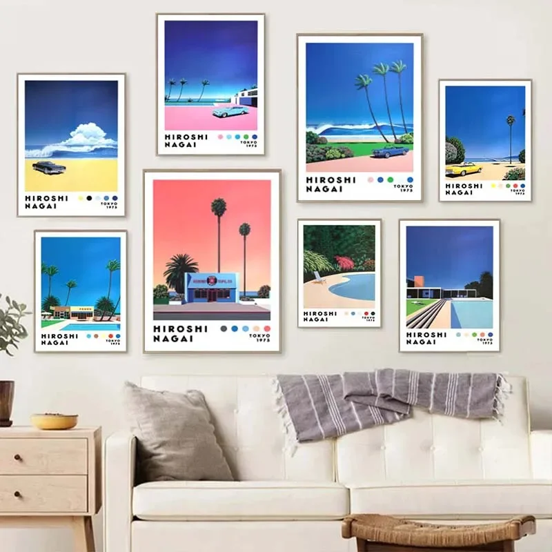 Vintage Nagai Hiroshi Vaporwave Japan Beach City Summer Wall Art Canvas Painting Printing Wall Painting Living Room