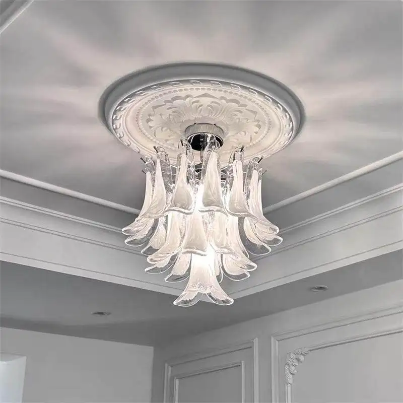 Nordic Vintage Milk White Petal Crystal Glass for Living Dining Table Room Bedroom Art Home Design Chain Hanging Light Fixture