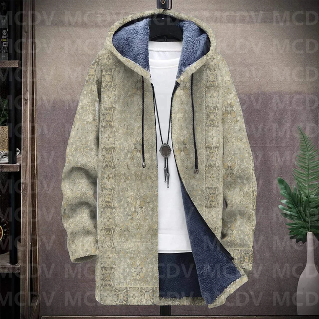 Men's Retro Pattern Print Plush Thick Long-Sleeved Coat Fleece Hooded Overcoat Men Thick Warm Jacket