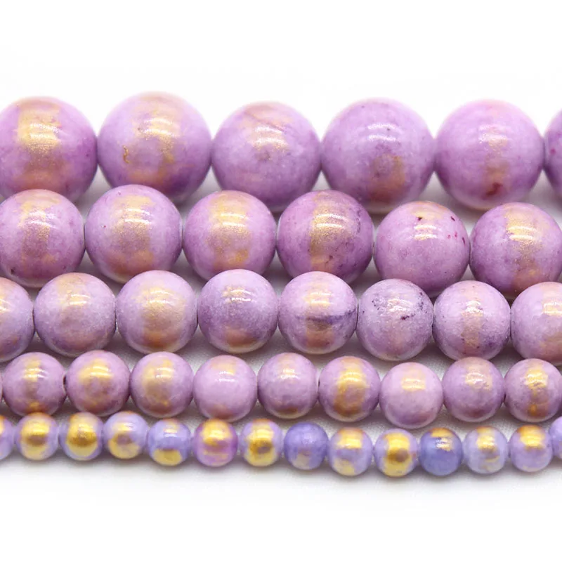 Natural Purple Gold Striped Jades Stone Round Loose Spacer Beads For Jewelry Making DIY Bracelet Necklace 15