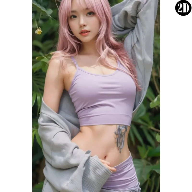 Vintage Metal Tin Sign Pink Hair Young Lady Purple Casual Outfit Jungle Background Portrait Wall Decor Retro Tin Plaque