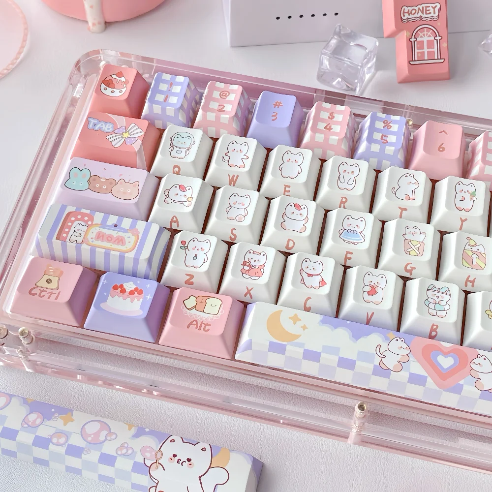 

Bunny Party Keycap Set PBT Side Engraved Mechanical Keyboard Key Caps Cherry MOA Profile Pink White Cute Rabbit Pattern Keycaps