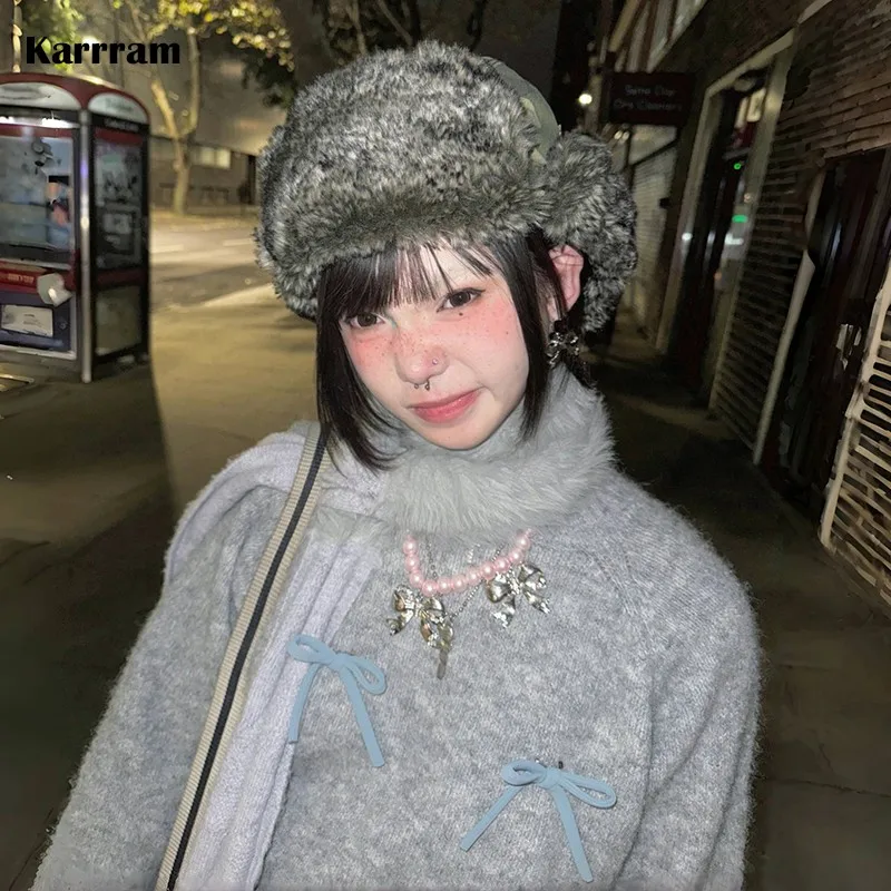 Karrram Japanese Y2k Bow-knot Sweater Korean Style Gray Cropped Pullover Vintage Harajuku Knit Jumper 2000s Aesthetics Knitwears