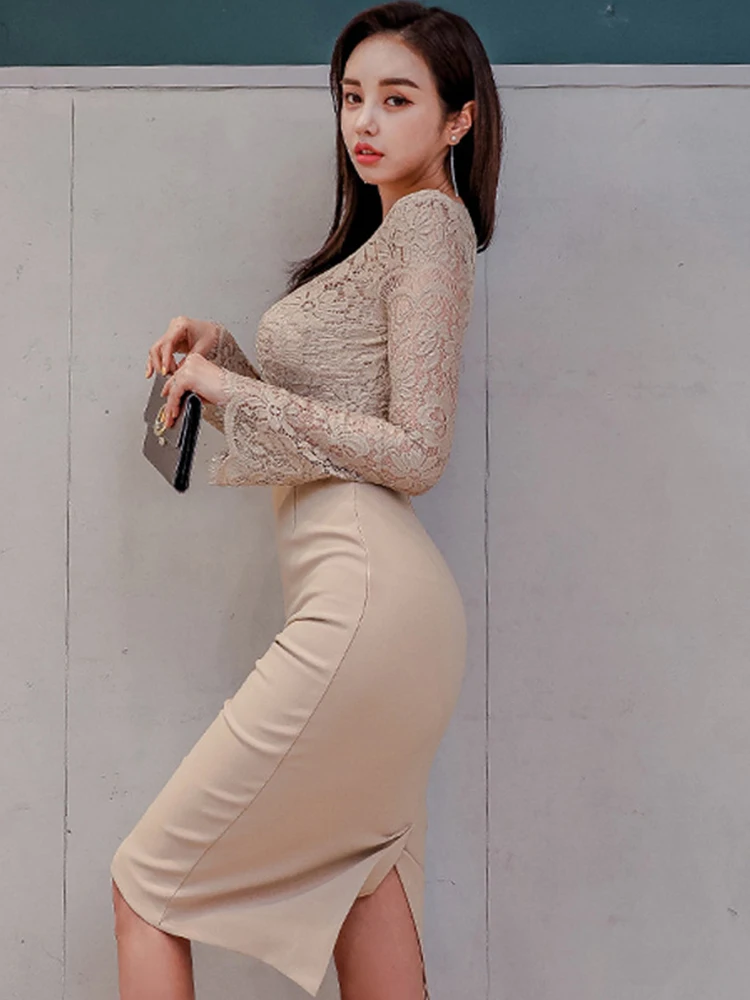 Korean Fashion Ladies Work Style Pencil Dresses Women Clothing Elegant Office Commute Lace Sexy V-Neck Slim Dress Mujer Vestidos
