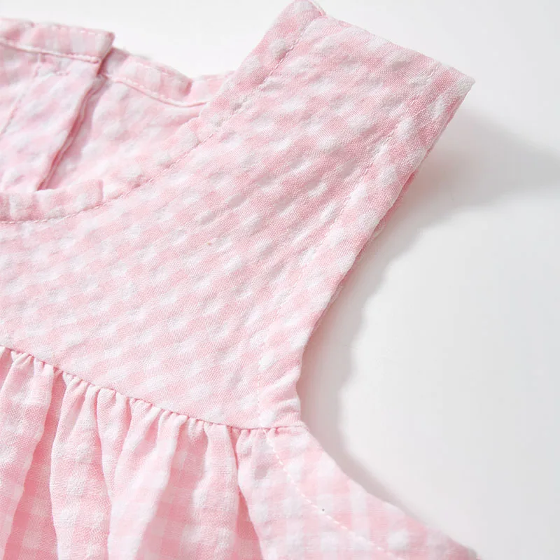 TUONXYE Summer Breathable Sleeveless Girl's Dresses Soft Plaid Button Embroidered Cartoon Animal Casual Children's Dress