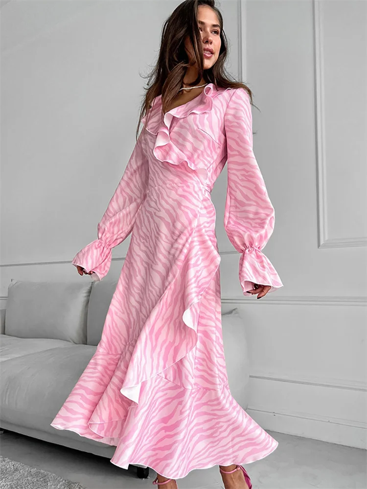 Tossy Pink Printed Ruffled Long Dress Women's Lace-Up Long Sleeve Elegant Contrast Patchwork Party Dress Female Bandage Dress