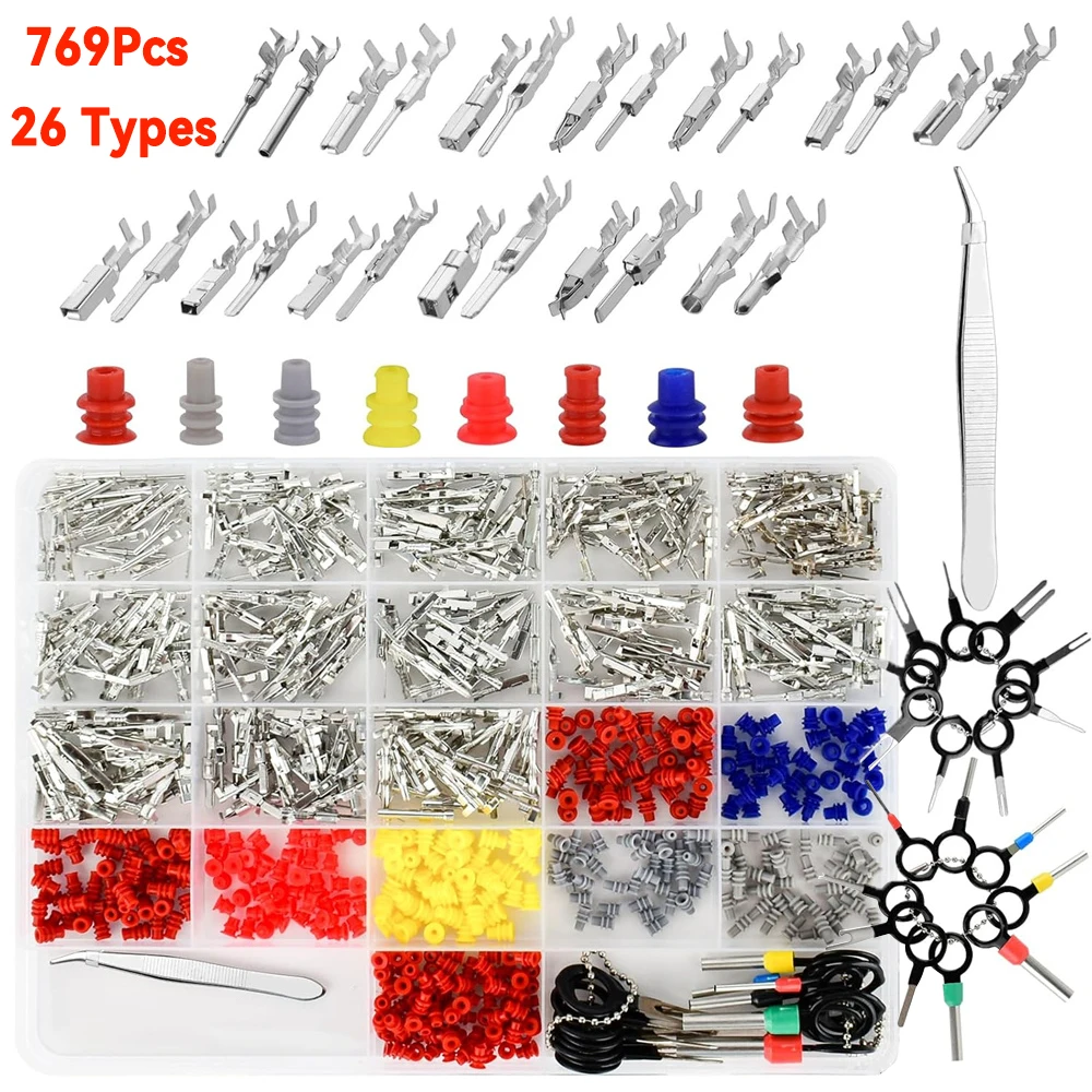 

769Pcs 26 Types Automotive Pin Connectors Kit,Connector Pins Terminal Removal Male Female Crimp Pins,Non-Insulated Plug Terminal